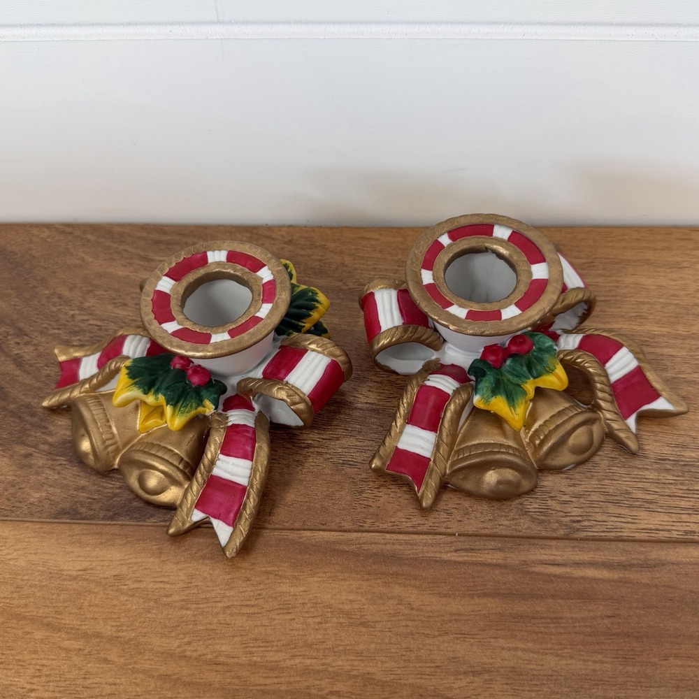Hang Painted Vintage Christmas Table Candlestick Holders Bow Bells Candy Striped